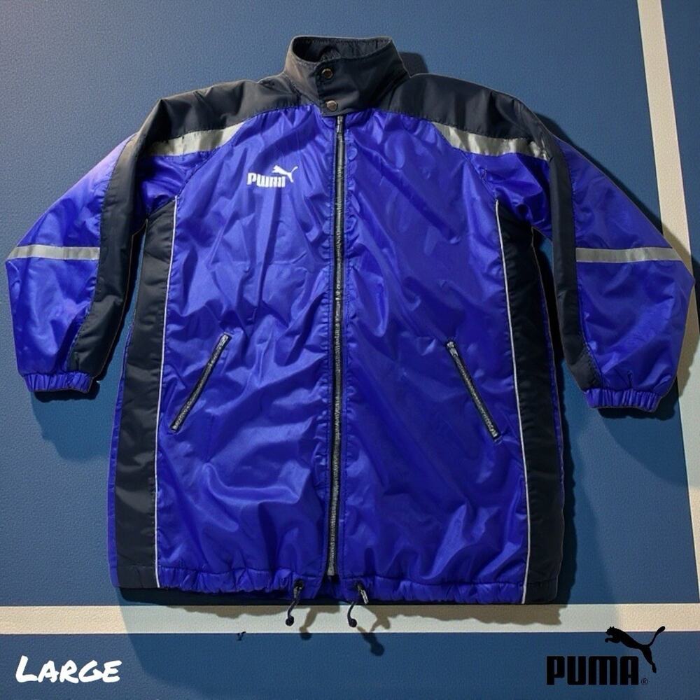 VTG‎ 90s Puma Tennis Jacket Mens LRG Blue Nylon Full Zip Made In JAPAN Back Logo